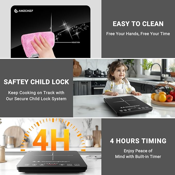 AMZCHEF Portable Induction Cooktop 20 Temperature & Power Levels, 1800W Induction Stove Burner with 6.8" Heating Coil, Low Noise Hot Plate Single Electric Cooktops Countertop Stove with Timer
