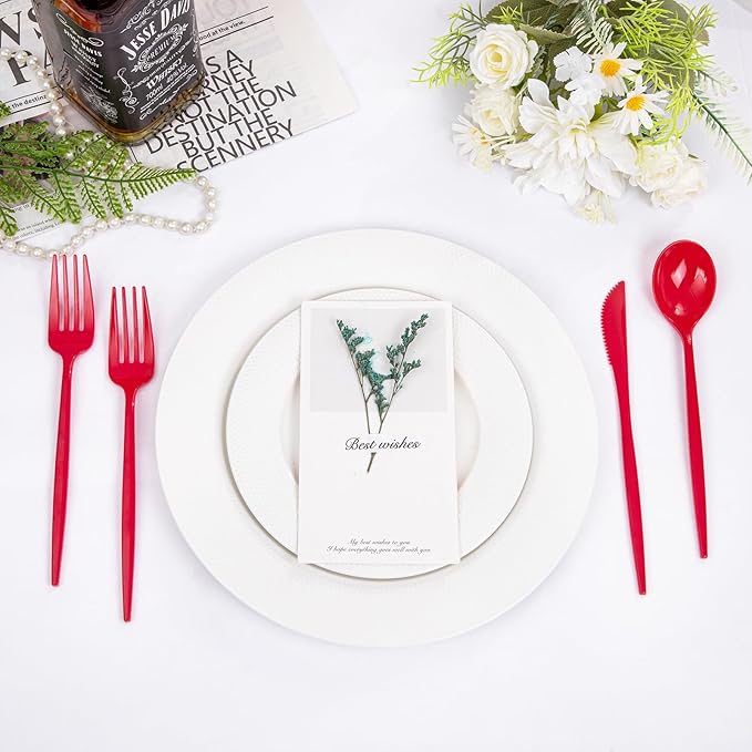 PULOTE 150PCS Red Plastic Silverware Set - Heavy Duty Plastic Cutlery - Red Utensils Disposable Include 50 Forks, 50 Spoons, 50 Knives for Party, Wedding & Mother’s Day