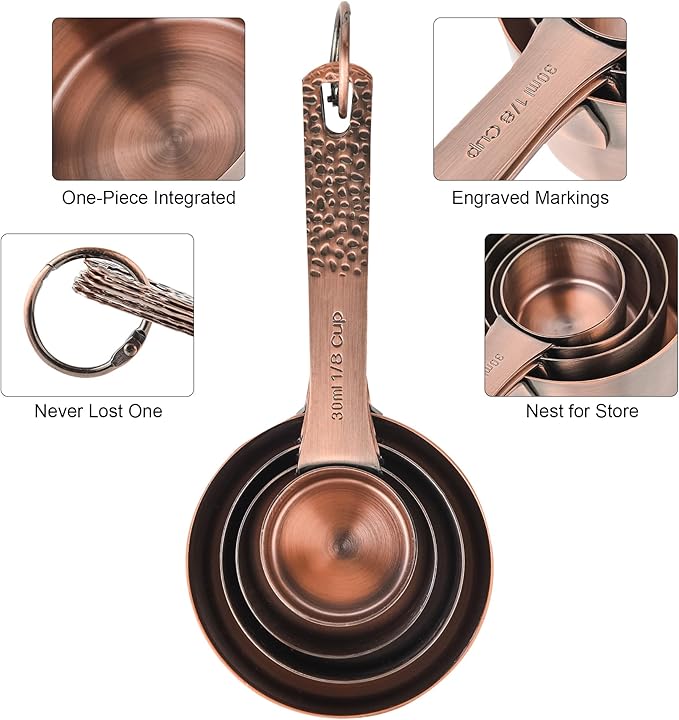 Copper Measuring Cups and Spoons Set, Stainless Steel Measuring Cups and Spoons Set for Baking and Kitchen, Measuring Cups Set with 3/4 Cup Measuring Cup