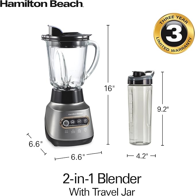 Hamilton Beach Wave Action Blender for Smoothies, Stainless Steel Ice Sabre Blades, 40oz Glass Jar, 20oz Blend-In Portable Travel Jar, 800 Watts, Quiet Design, Gray (58181)
