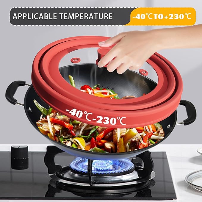 Microwave Splatter Cover, Vented Silicone and Glass Cover Splatter Guard Lid, Food Collapsible Plate Cover Lid with Easy Grip Handle. (Red, 9 inch)