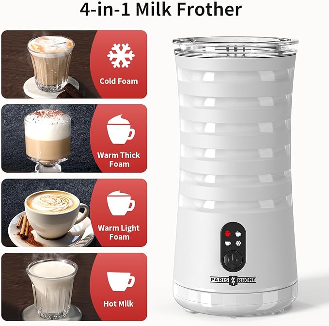 Milk Frother, Paris Rhône 4-in-1 Milk Steamer and Frother, Hot & Cold Foam Milk Warmer with Temperature Control, Auto Shut-Off Frothers for Coffee, Latte, Cappuccino, Macchiato