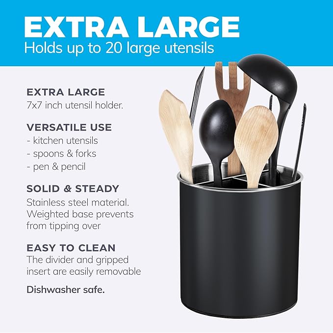 Cooler Kitchen Black Rotating Extra Large Stainless Steel Utensil Holder Caddy with Sturdy No-Tip Weighted Base, Removable Divider, and Gripped Insert - Dishwasher Safe Metal Cooking Utensil Holder