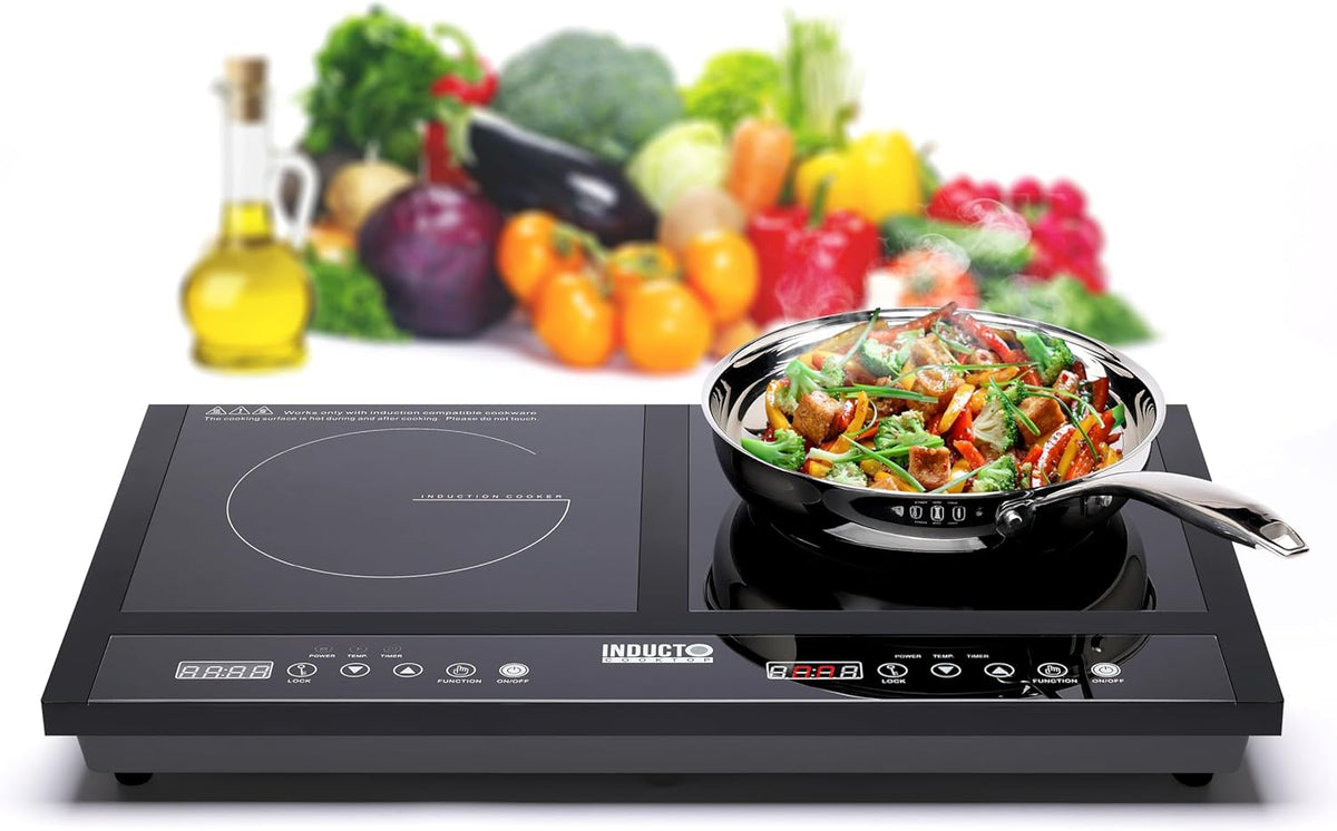 Homewell Inducto Dual Induction Cooktop Countertop Burner, Portable Electric Cooktop with Two Heating Zones, Energy-Efficient Countertop Stove, Easy-to-Clean Glass Surface, Black 1800W