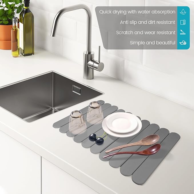 Extral Large Quick Dry Stone Drying Mat for Kitchen Counter,24"(L)x16"(W) Collapsible Eco-Friendly Absorbent Diatomaceous Earth Mat for Dishes Cups,Dish Drying Mats (Medium gray-Ellipse, 24x16 inch)