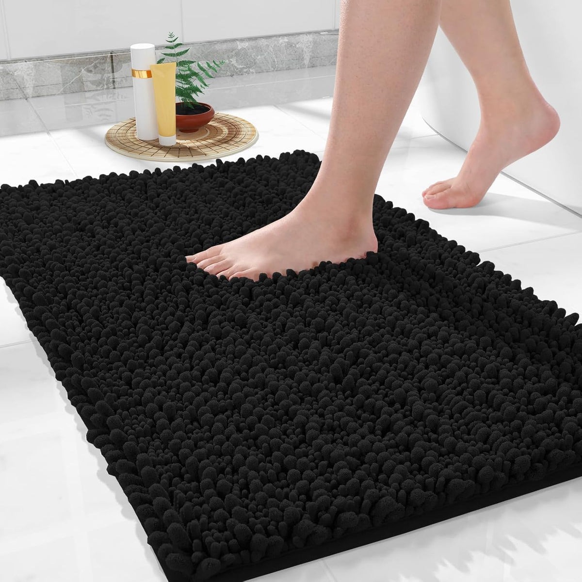 Yimobra Bathroom Rugs Non Slip Washable 24x17 Inch - Ultra Soft Absorbent Chenille Bath Mat, Quick Dry Shaggy Floor Carpet for Tub Shower, Black Home Decor Accessories