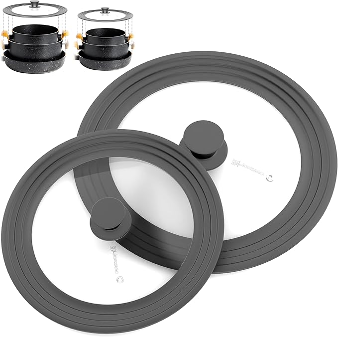 LSR Loreso Universal Pan Lid for Pots Pans and Skillets 7.5-11.5 Inch - Tempered Glass Pot Lid Set with Auto-Sizing Silicone Rim, 2 Pack Grey