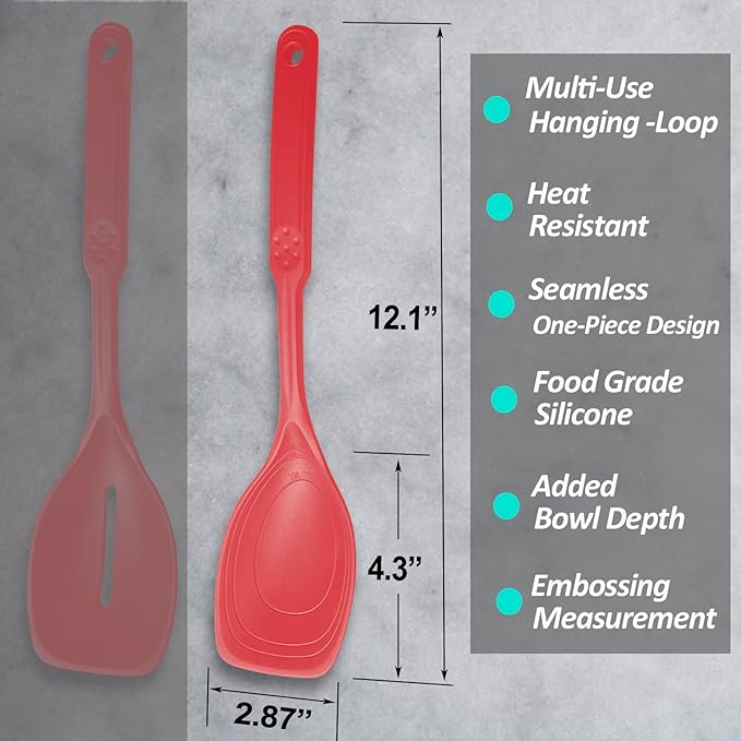 Large Silicone Cooking Spoon, Non-Stick Solid Spoon set with Deep Bolw and Measurement Mark for Mixing, Serving, Draining, Scooping, Scraping, Heat Resistant Kitchen Utensils, Red