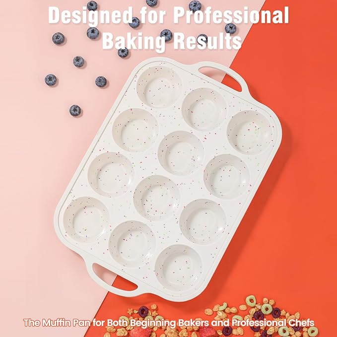 Silicone Muffin Pans for Baking 2 Pack, 2.8 Inch with Metal Reinforced Frame, Regular Size Nonstick Silicone Cupcake Pan 12 Cups for Baking Homemade Muffins, Cupcakes, Dishwasher Safe BPA Free