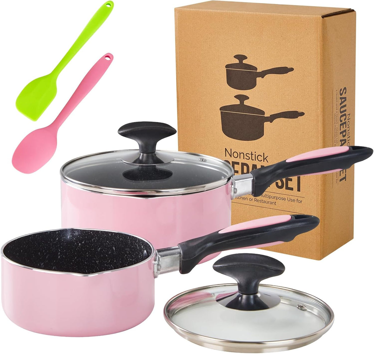 Nonstick Saucepan Set with Lid, Non Stick 1Qt & 2Qt Sauce Pan Set with Glass Lid Small Pot for Home Kitchen