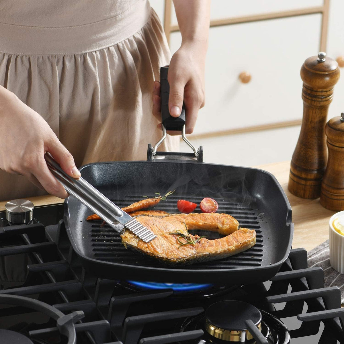 SKITCHN Nonstick Grill Pan With Folding Handle - Induction Compatible KBBQ Pan for Stove Tops, Indoor Square BBQ Grilling With Pour Spouts - 11 in