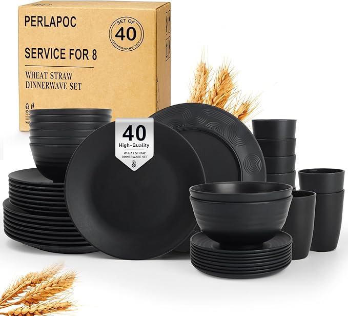 Kitchen Wheat Straw Dinnerware Set 40 PCS Dishes Sets for 8 Plastic Plates Reusable Dinner Plates Cereal Bowls Small Cups Dishwasher & Microwave Safe Unbreakable Dish Set for Picnic RV-Black
