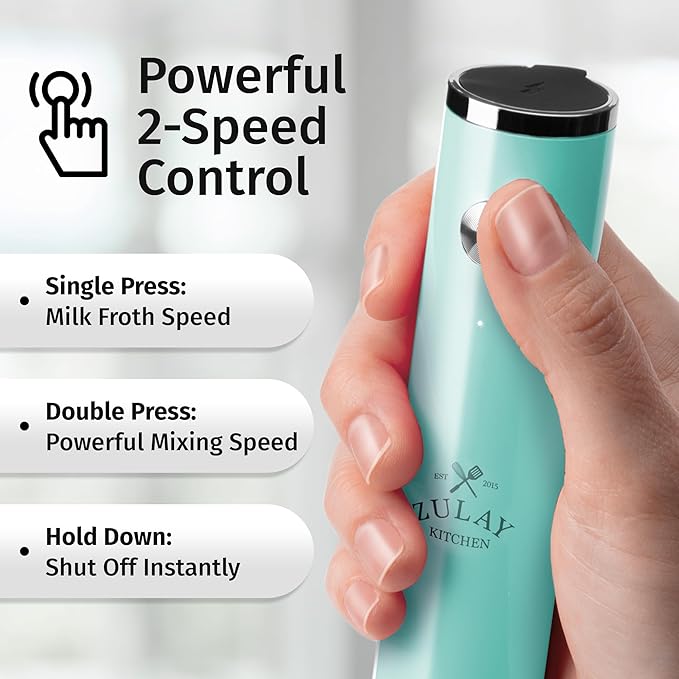 Zulay Kitchen Rechargeable Milk Frother Handheld Lux - Powerful 2-Speed Motor, Waterproof, 2000mAh Battery - Drink Mixer for Latte, Cappuccino, Matcha & Protein Powder - Sky Blue