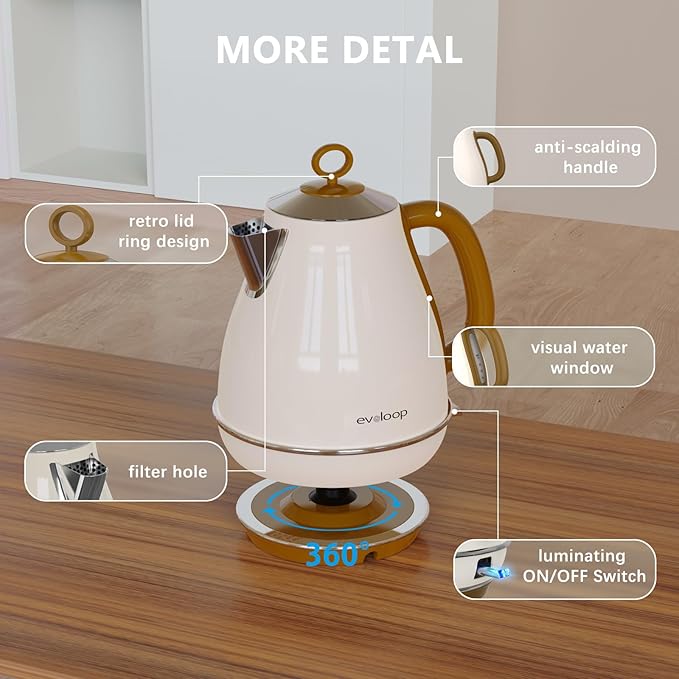 Evoloop 1.7L Electric Kettles, BPA Free Tea Kettle, Hot Water Boiler Heater, Stainless Steel Teapot, Auto Shut-Off & Boil-Dry Protection, 120V/1500W