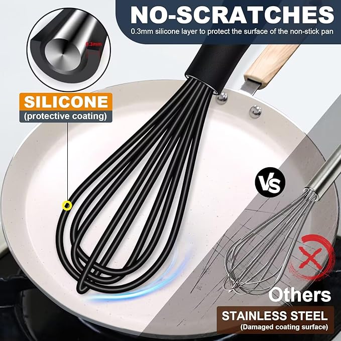 Silicone Mini Whisk, Small whisks Non-Stick Tiny Whisks set of 2（5.5in & 7.5in）-Heat Resistant (450°F) Whisks, Balloon Egg Beater Perfect for Whisking, Beating, Mixing, Blending, Black