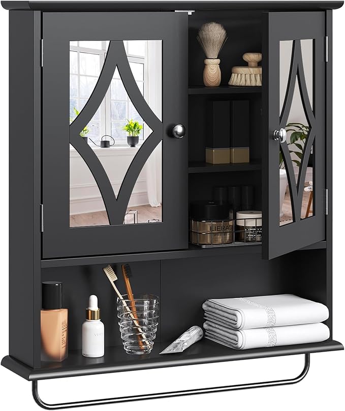 RoyalCraft 22x25 Bathroom Medicine Cabinet with Mirror, Large Wood Wall Mounted Storage Cabinet with Shelves and Towel Bar, Over The Toilet Storage Cabinet for Bathroom, Laundry, Living Room, Black