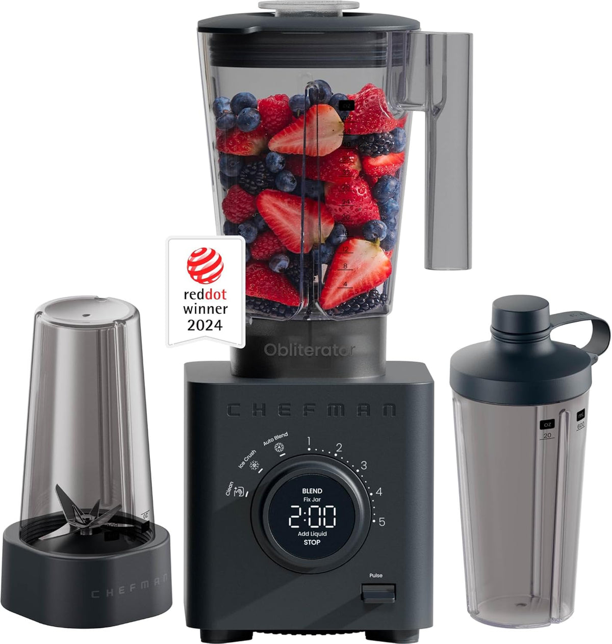 Chefman Obliterator 48 oz Countertop Blender for Smoothies, 1380W Motor to Crush Ice, Nuts, and Frozen Fruit with Stainless Steel Blade, Blender Pack Includes Two 20 oz. Travel Jars - Midnight