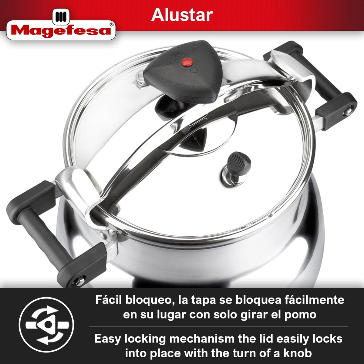 Magefesa Alustar 23.2-Quart Aluminum Pressure Cooker – Extra-Thick Construction, Thermodiffusion Base, 3 Safety Systems, Professional-Grade