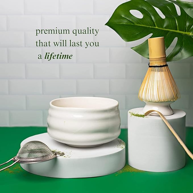 Matcha Whisk Set- Matcha Set includes Matcha Bowl, Sifter, Holder and Scoop- The Perfect Bamboo Whisk for Matcha Tea (White)