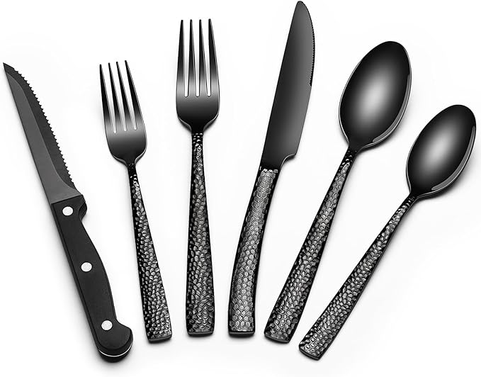 EWFEN 24-Piece Black Silverware Set with Steak Knives, Black Flatware Set for 4, Food-Grade Stainless Steel Tableware Cutlery Set, Mirror Finished Utensil Sets for Home Restaurant, Wave Hammered