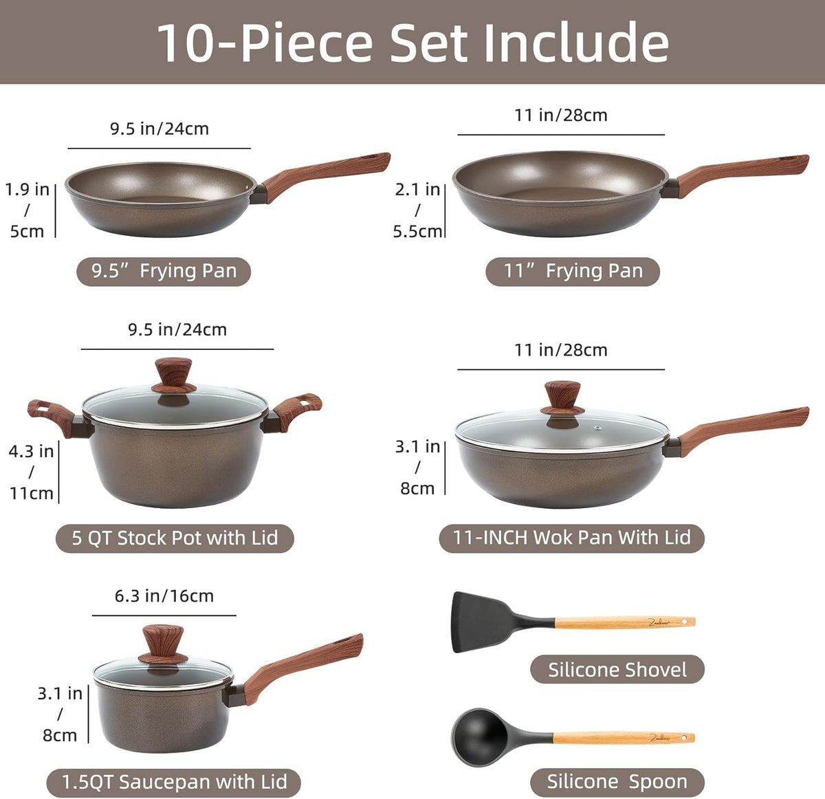 10 Pcs Pots and Pans Set Non Stick, Kitchen Cookware Sets with Frying Pans, Saucepans, Steamer Compatible with All Stoves Restaurant,Black