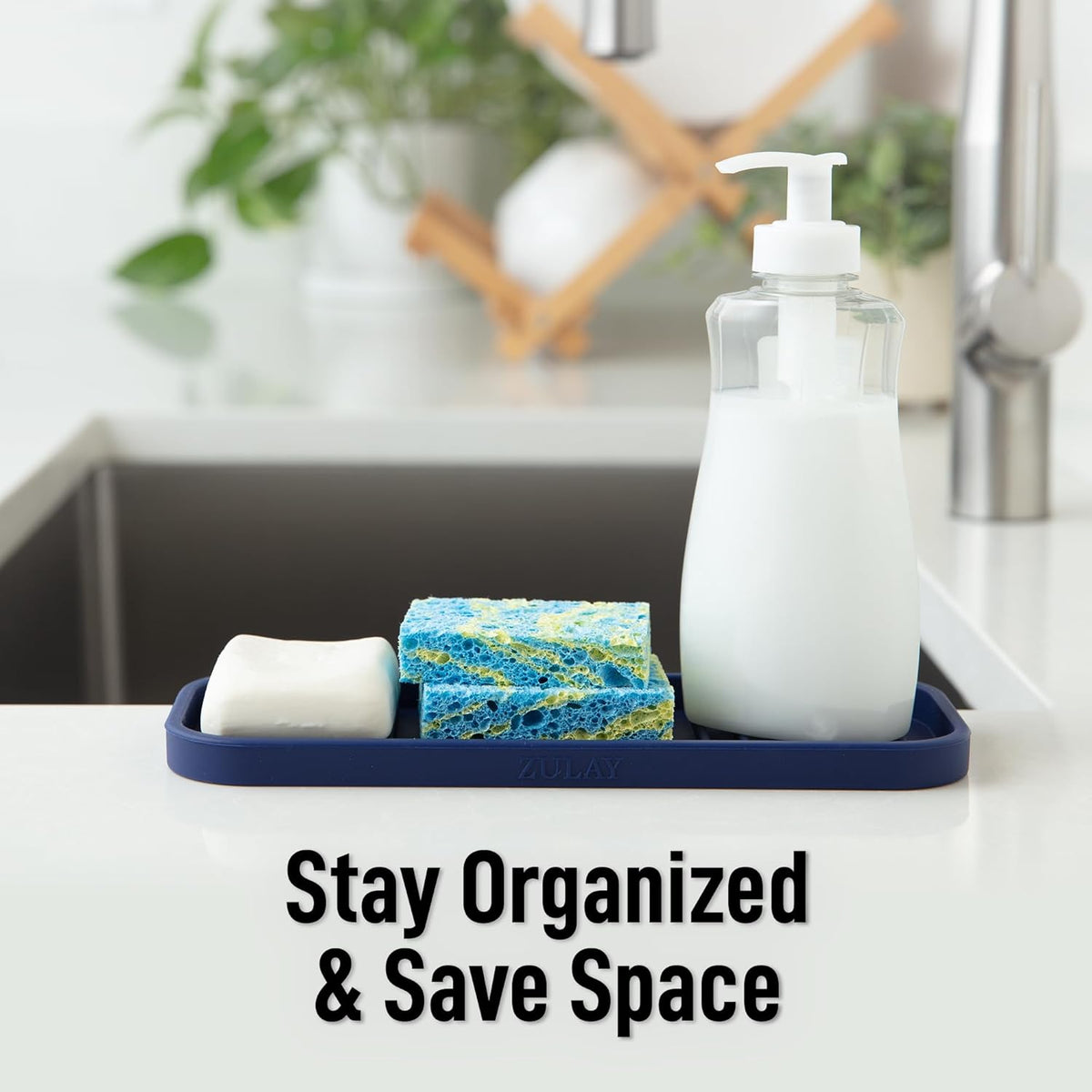 Zulay Kitchen (9x3.5) Silicone Sponge Holder for Kitchen Sink - Flexible Multipurpose Soap Tray - Sink Organizer for Kitchen, Bathroom, Makeup, Trinkets & More (Dark Blue)
