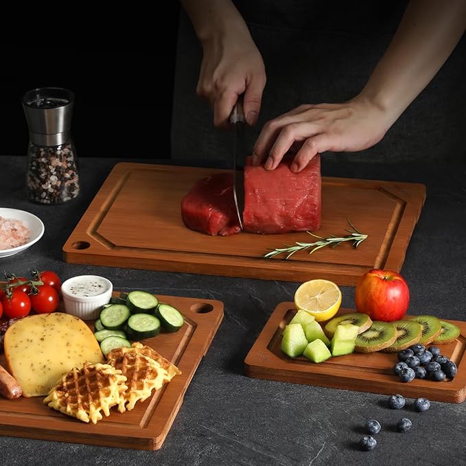 Hiware 4 Pieces Extra Large Wooden Cutting Boards Set- Bamboo Cutting Boards for Kitchen Meal Prep & Serving, Cutting Board with Deep Juice Groove & Built-in Handles, Charcuterie & Chopping Board