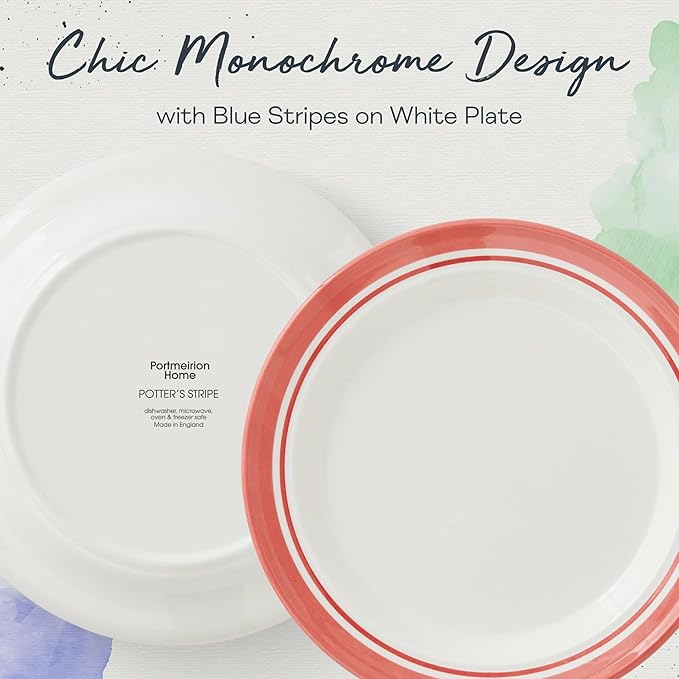 Portmeirion Potter's Striped Dinner Plate (Set of 4) - 10.5-Inch Stackable Earthenware Plates - Microwave & Dishwasher Safe, Handcrafted Dinnerware for Casual & Formal Table Settings (Red Stripe)
