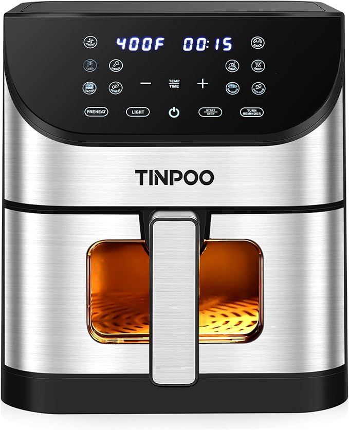Air Fryer TINPOO 6.2 QT Oilless Large Capacity 1500W Oven Air Fryers Healthy Cooker with 10 Preset, Visual Cooking Window, Non-Stick Basket
