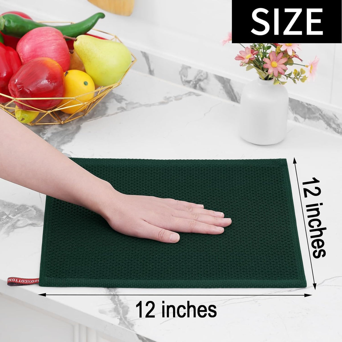 Homaxy 100% Cotton Waffle Weave Kitchen Dish Cloths, Ultra Soft Absorbent Quick Drying Dish Towels, 12 x 12 Inches, 12-Pack, Blackish Green