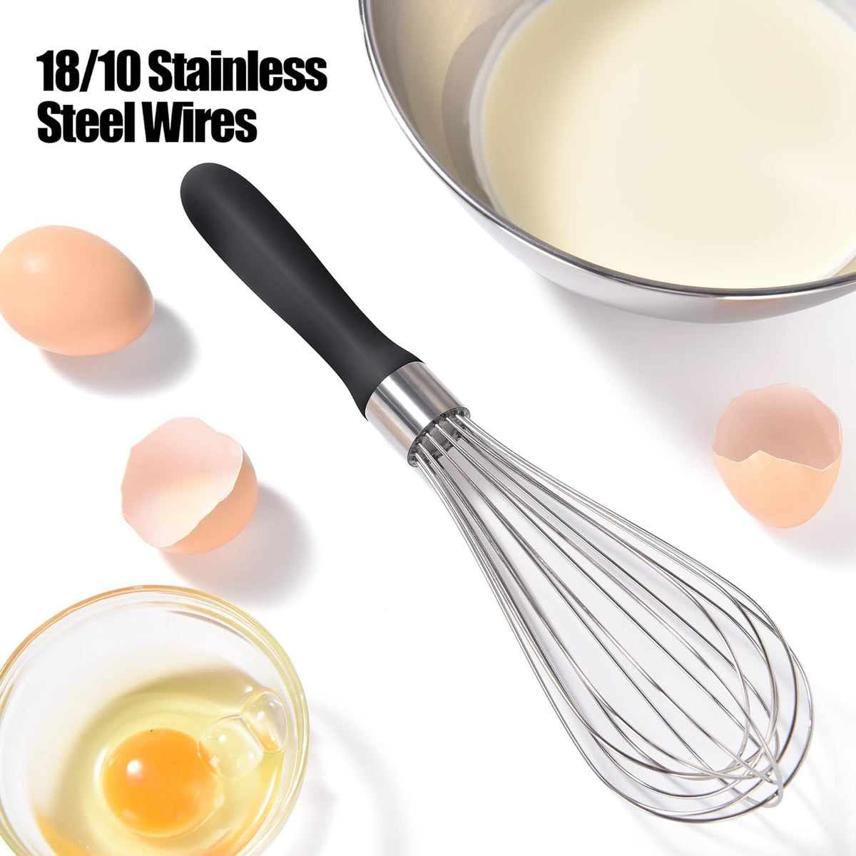 18/8 Stainless Steel Balloon Whisk, Doosu Kitchen Whisk for Cooking Handheld Egg Beater with Rust-Proof Sturdy Wires & Non-Slip Silicone Handle for Beating, Stirring, Blending (8 Wires, Black)