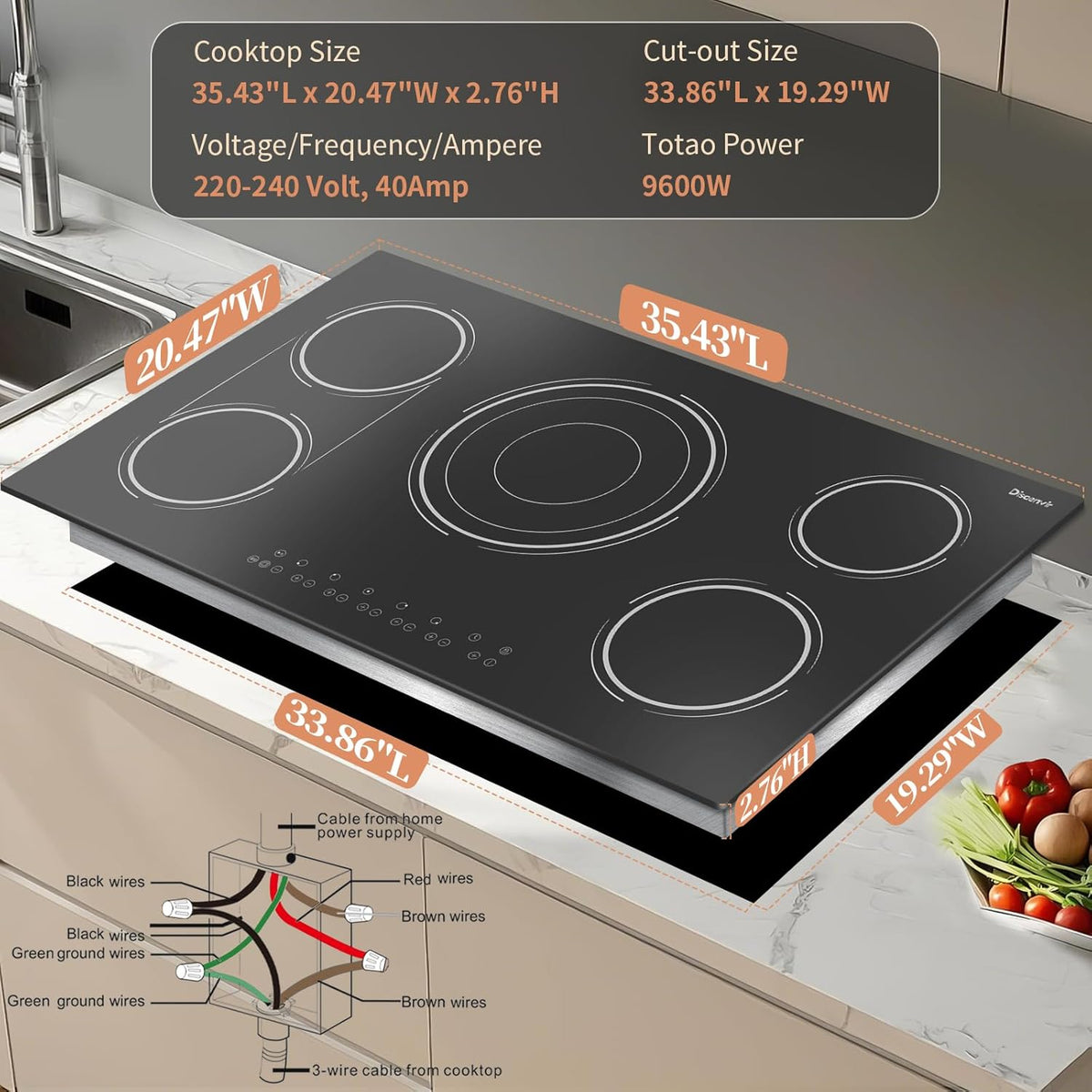 36 Inch Electric Cooktop - 5 Burner Electric Stove Top Powerful 9600W, 36 Inches Built-in Ceramic Stove with Large 3900W Flexible Zone, Timer, Safety Lock, 220V - 240V Hard Wired (No Plug)