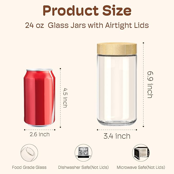 6 pack 24oz Overnight Oats Containers with Bamboo Lids, Glass Jars with Airtight Lids for Meal Prep, Wide Mouth Mason Salad Jars, Glass Food Storage Container for Yogurt Chia Snacks Spice Sugar