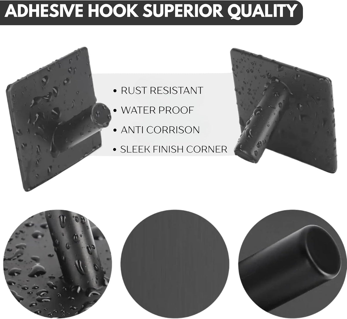 Adhesive Hooks- 4 Pcs, Towel Hooks for Inside Shower, Heavy-Duty Adhesive Wall Hook, Rust-resitant Hooks for Hanging, Sticky Hook for Walls No Damage (Black)