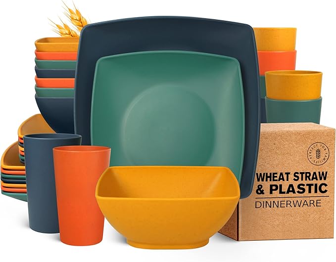 Teivio 32-piece Plastic Wheat Straw Square Dinnerware Set for 8, Unbreakable Dinner Plates, Salad Plates, Snack Bowls, Tumblers 13.5 oz, Dishwasher Safe, Autumn Multicolor