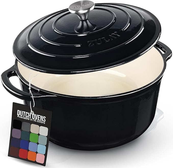 Zulay Kitchen 5 Quart Enameled Cast Iron Dutch Oven Pot with Lid – Premium Durability & Oven Safe up to 500°F – Heavy Duty Cookware Perfect for Bread Baking, Stews, Braising & Roasting – Black