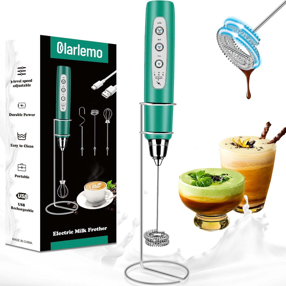 Milk Frother Handheld Rechargeable with Stand, Frother Wand Drink Mixer Electric Whisk for Coffee, Detachable With 3 Stainless Whisks, Hand Mixer for Lattes, Cappuccino, Matcha, Egg, Green