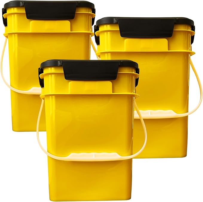 House Naturals 4 Gallon Square Food Grade Bucket Pail with Plastic Handles and Lid (Pack of 3) Made in USA containers (Yellow)