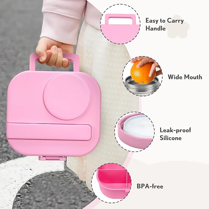 Bento Lunch Box with 12oz Soup Thermo,4 Compartments Lunch Box Containers, Spoon&Sauce Jar, BPA Free&Leak proof,Insulated Food Jar for Travel(Pink)