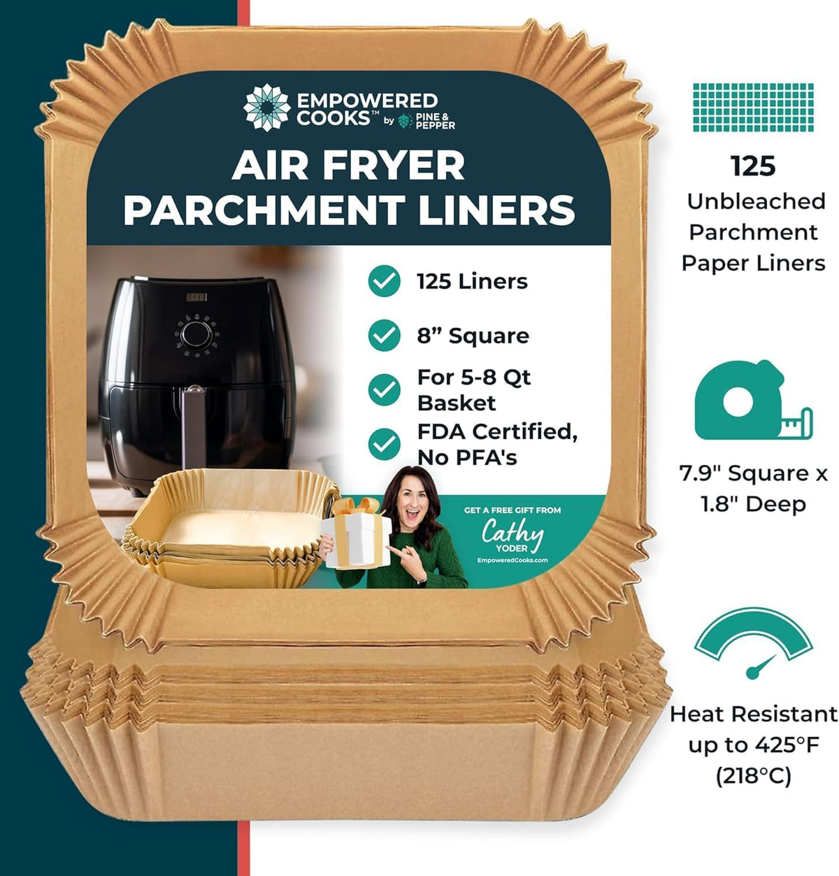 Cathy Yoder's AirFryer Paper Liners, 125 PCS 8-inch Square Air Fryer Liners Disposable, Premium, Food-Grade Easy Cleanup Air Fryer Parchment Paper Sheets, Airfryer Liner for 5-8QT, Baking & Roasting