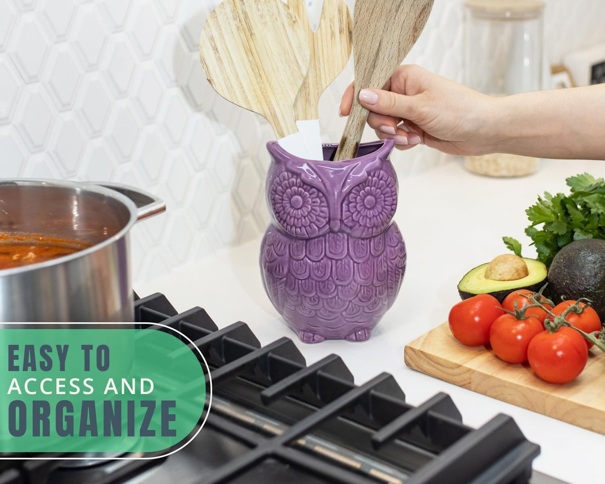 Comfify Owl Utensil Holder Decorative Ceramic Cookware Crock & Organizer, in Lovely Purple Color - Utensil Caddy and Perfect Kitchen Ceramic Decor Gift - 5” x 7” x 4” Compact & Cute