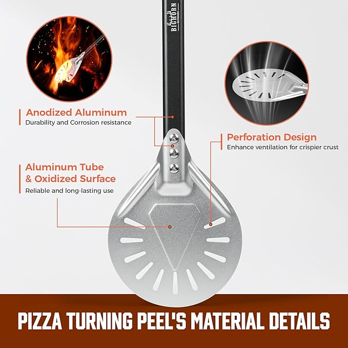 BIG HORN OUTDOORS Pizza Peel - 7-Inch Pizza Turning Peel with Non-Stick Anodized Aluminum for Effortless Pizza Turning&Baked - Perfect Pizza Oven Accessories