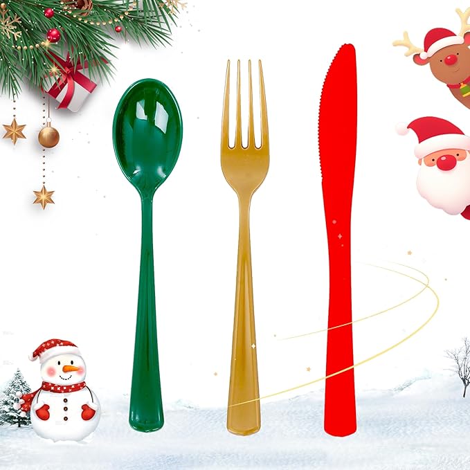 WDF 180 Pieces Plastic Christmas Silverware - Disposable Cutlery Set Incluede 60 Gold Forks, 60 Red Knives and 60 Green Spoons - Heavy Duty Plastic Flatware - Disposable Utensils for Christmas