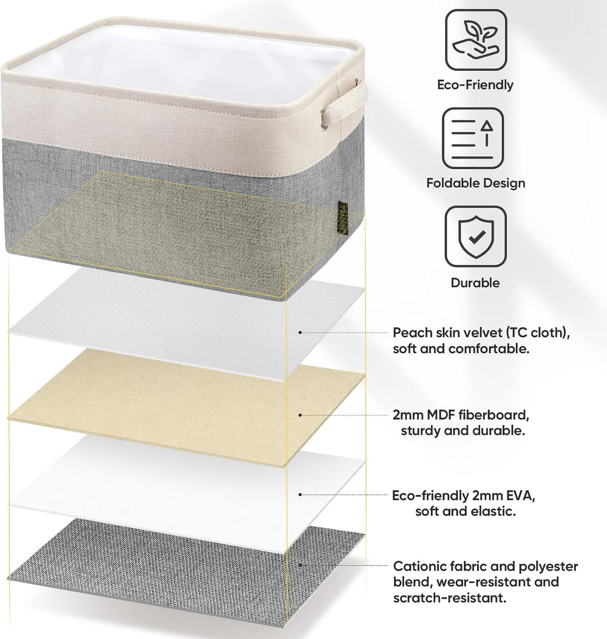 BALEINE 3 Pack Fabric Storage Bins for Shelves, Linen Storage Baskets for Organizing, Decorative Closet Bins for Clothes, Home (Grey, 15"x11"x9.5")