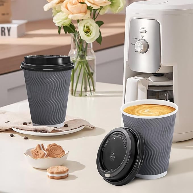 100 Pack 16 oz Disposable Coffee Cups with Lids, Insulated Ripple Wall To-Go Paper Coffee Cups Suitable for Chocolate Cocoa and Hot/Cold Drinks (Grey)