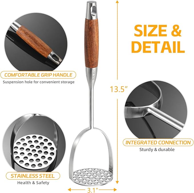 Mashed Potatoe Masher Stainless Steel - Heavy Duty Potato Masher, Professional Integrated Masher for Avocado, Potatoes, Beans, Meat, Vegetables