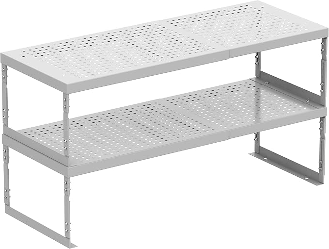 Stackable Expandable Metal Shelf Organizer - Adjustable Wire Storage Rack with Holes for Kitchen, Bathroom, Cabinet, Office - Space Saving, Durable & Sturdy Design（2PACKS/Large/White