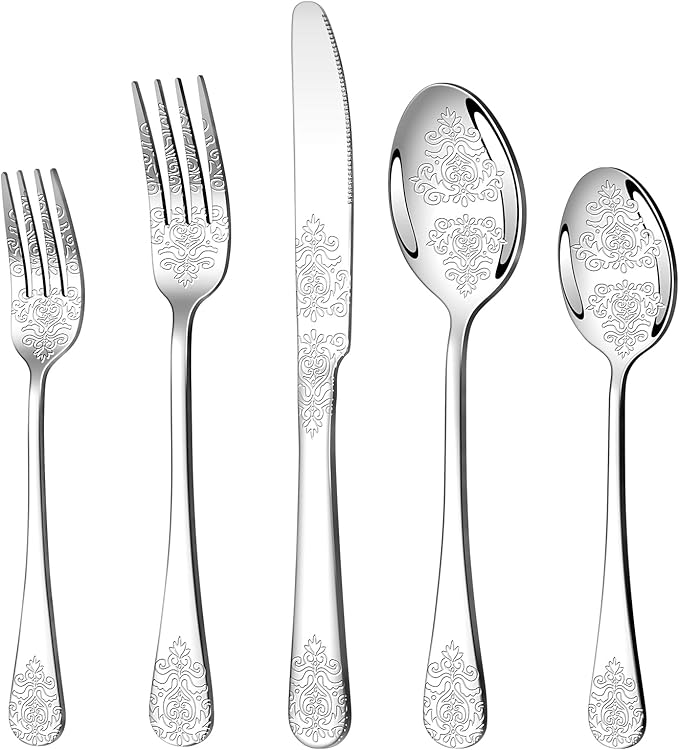 40 Pcs Silverware Set for 8 with Classical Flower Embossed Design, Food Grade Stainless Steel Flatware Set, Eating Utensils Sets Include Fork/Knife/Spoon, Reusable Cutlery Set, Dishwasher Safe