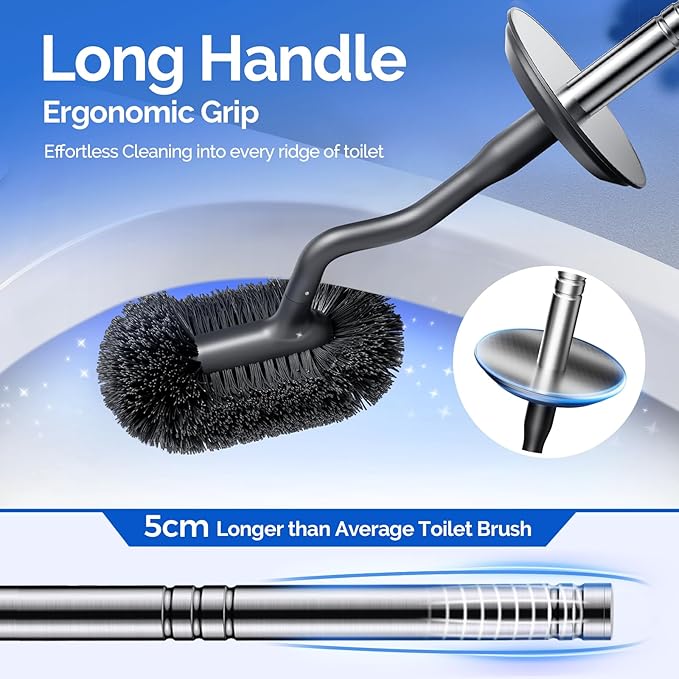 HAMITOR Toilet Brush and Holder Set: 304 Stainless Steel Heavy Duty Bowl Cleaner Brush - Deep Cleaning Under Rim Curved Bristle - Space Saving Wall-Mounted for Home RV Bathroom Accessories Silver