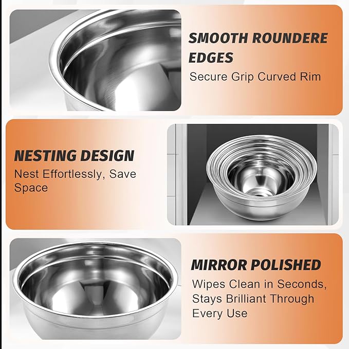 BEWOS 21 Pcs Mixing Bowls with Airtight Lids - 7 Stainless Steel Bowls, 3 Graters, 11 Practical Kitchen Accessories, Dishwasher Safe, Ideal for Baking, Meal Prep & On-the-Go, Easy to Store